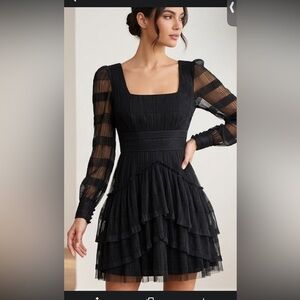 Jewel Badgley Mischka Black Sheer-Sleeve Tiered Ruffle Dress.   NWT